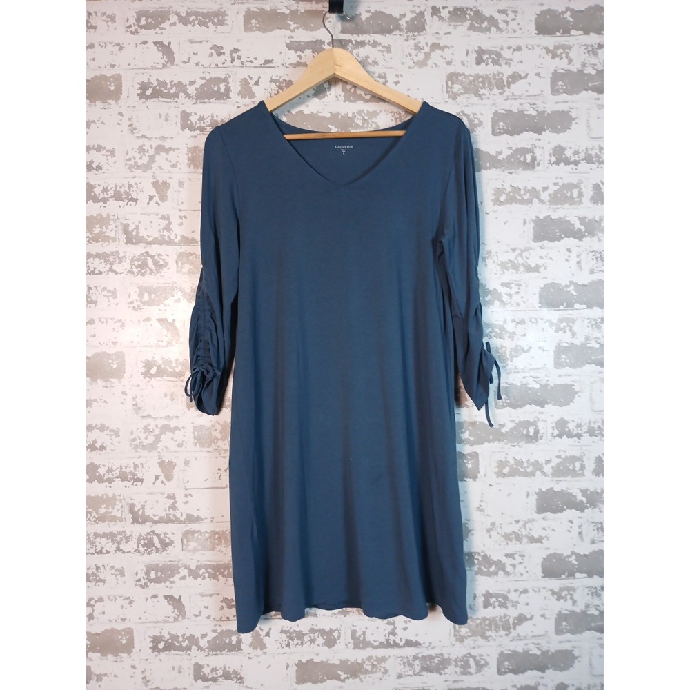 Garnet Hill Shift Dress Size Small Teal Ruched Sleeves‎ Lagenlook Minimalist